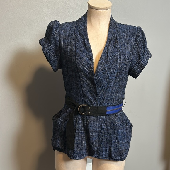 Nanette Lepore Blue Tweed Belted Asymmetrical Blazer size 4 - Picture 3 of 16